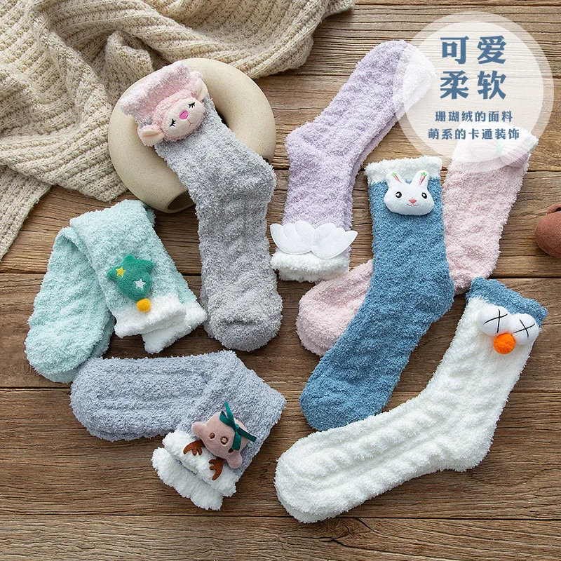 

Socks Women Autumn and Winter Thickened Coral Fleece Socks Three-dimensional Cartoon Tube Socks Keep Warm Cold Christmas Socks