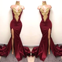 new design 2019 sexy burgundy prom dresses with gold lace appliqued mermaid front split long party evening gown prom dress