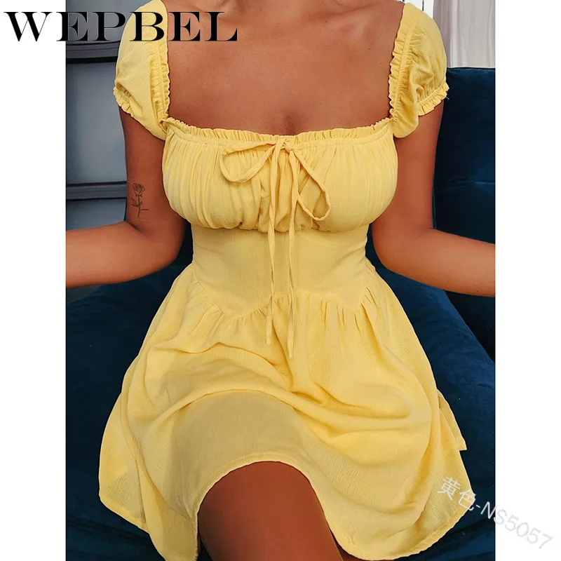 

WEPBEL Casual Ladies Short Puff Sleeve Square Collar Ruched Dress Party Dress Women Summer Sexy Mini Dress