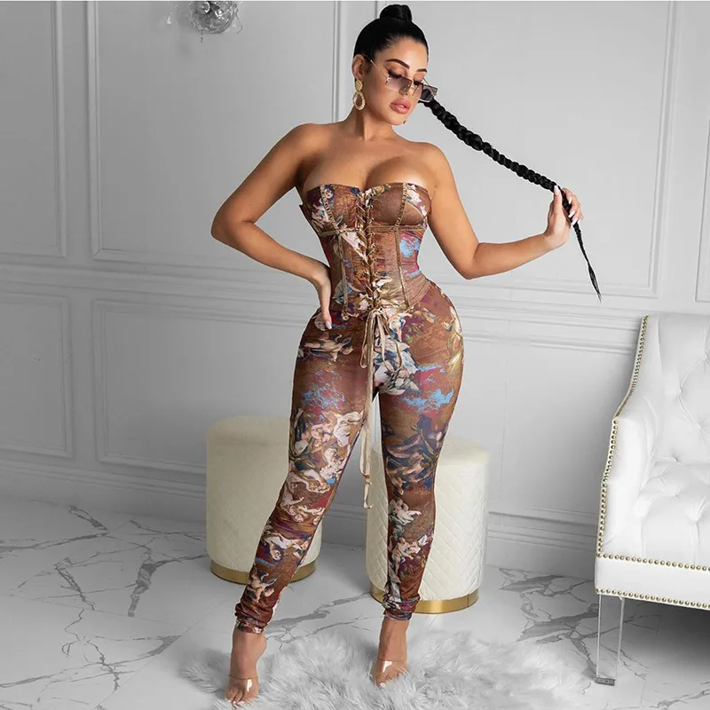 

Lace up croset strapless sexy jumpsuit romper Women oil printing slim elegant long playsuit Summer hollow out party overalls