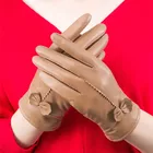 Женские кашемировые перчатки VISNXGI, сохраняющие тепло, из искусственной кожи, модные зимние перчатки из овечьей шкуры с бантом