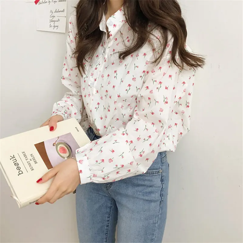 

HziriP Korean Stand Florals Cute 2021 Brief Chic OL Shirt Girls Sweet Loose Women Blouses Basic Femme Blusas Camisas Mujer