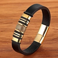tyo luxury business mens bracelet stainless steel gold color jewelry magnetic clasp black leather bangle for friend lover gift
