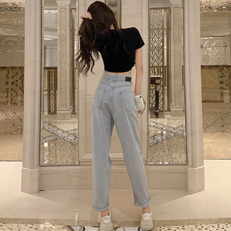 

Lucyever Fashion Ripped Double Waist Harem Pants Women Pockets Straight High Waist Jeans Woman Loose Casual Long Pants Female