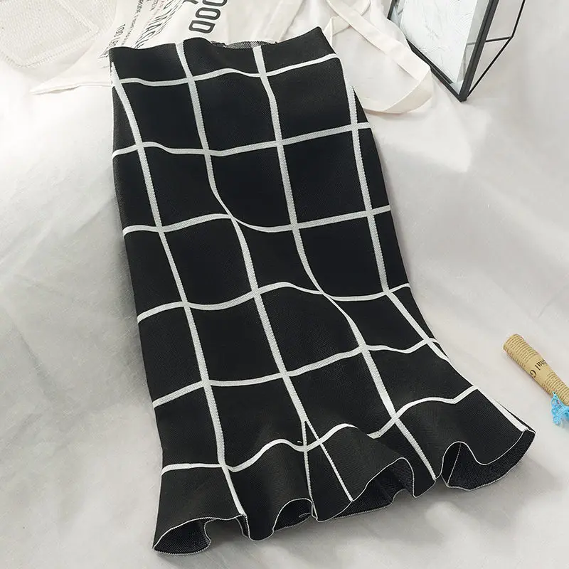 style1 LUOSHA женские осень зима трикотажные клетчатые Memaid оборки один шаг юбка женские винтажные Юбки миди с высокой талией - Цвет: style1