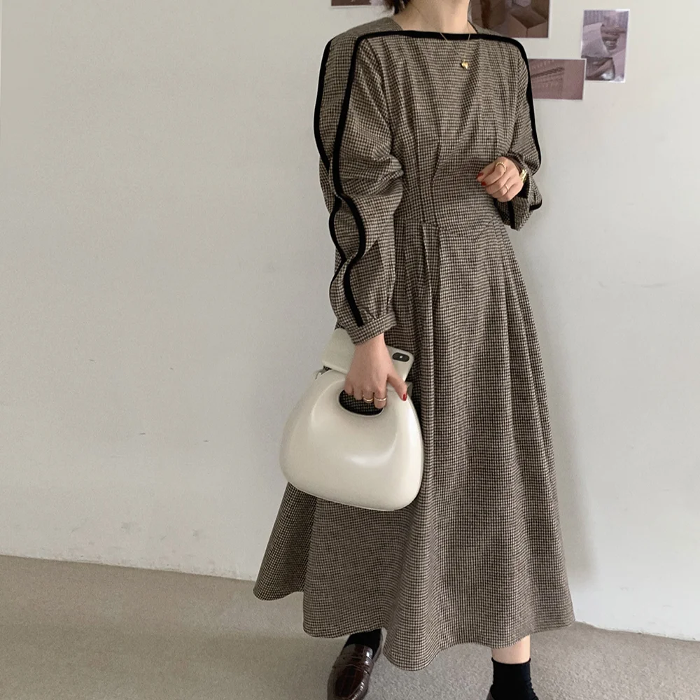 

Korean Chic Color Matching Ruched High Waist Slim Long Sleeve Plaid Dress Female Midi A Line Elegant Fashion Spring Fall Clothes
