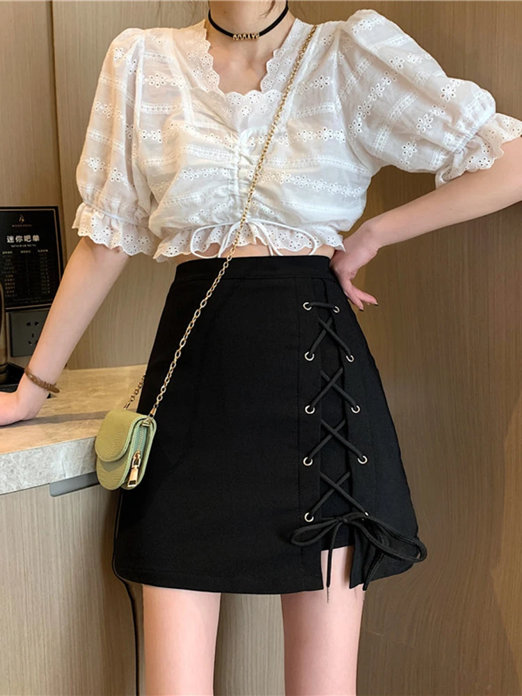 Черная Асимметричная юбка с перекрестными ремешками женская летняя 2020 новая