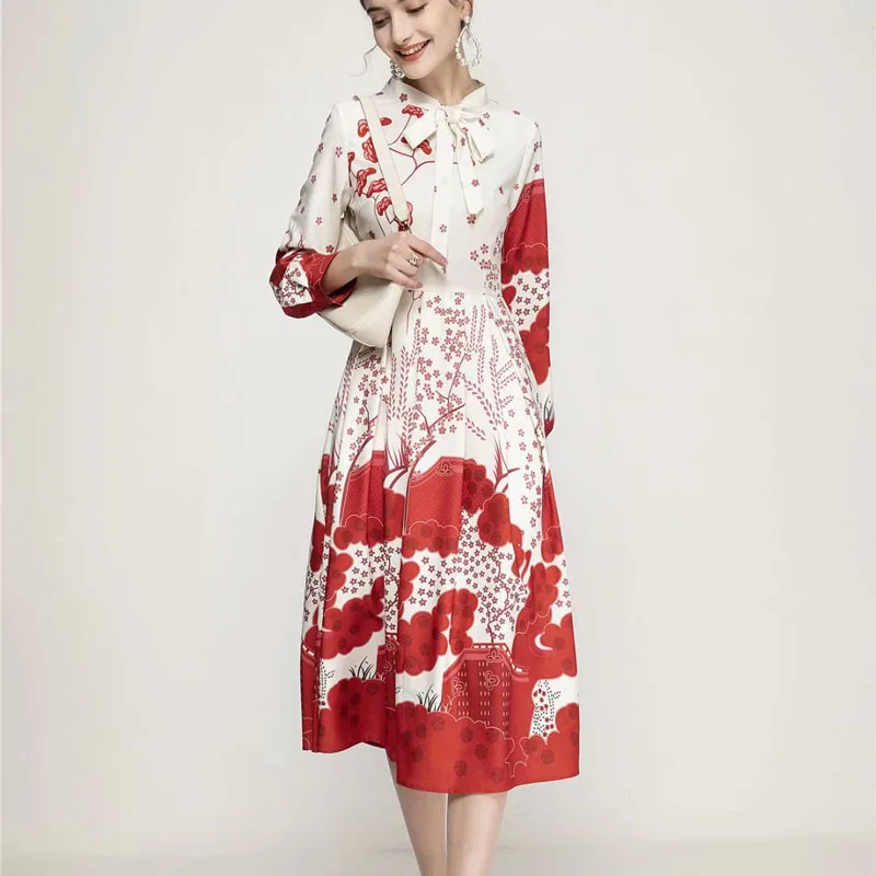 

Spring New Style Bohemian Print Flower Bow Knot Long Sleeves Mid-Length Pleated Large Hem Dress High Quality Women'S Clothing
