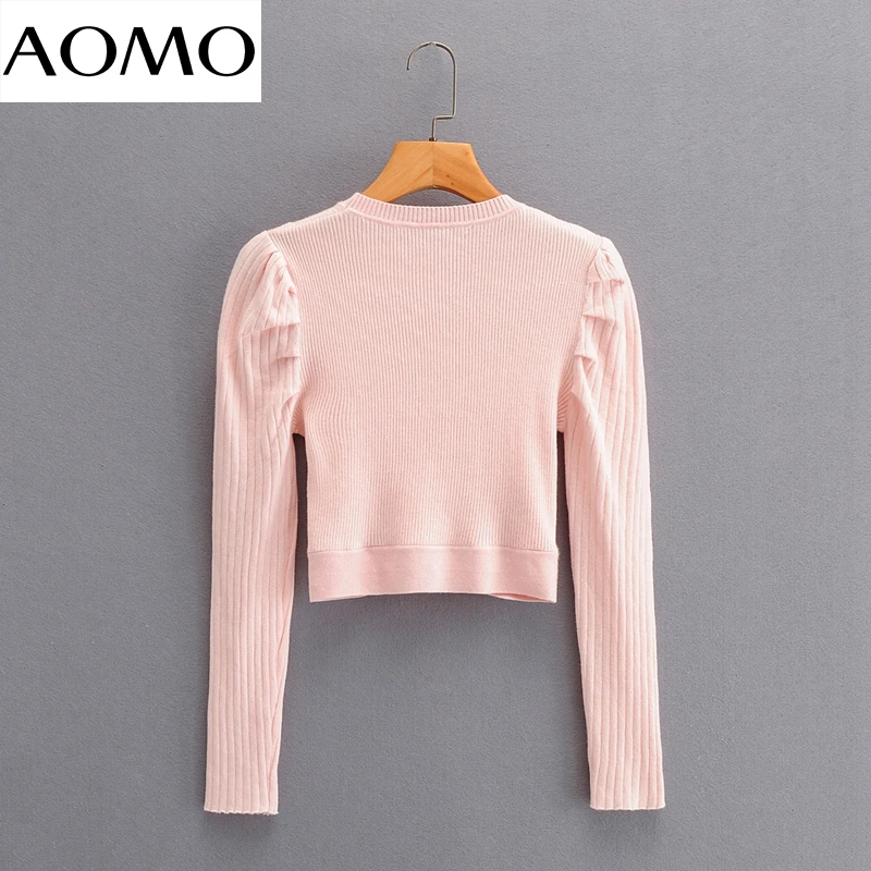 

AOMO 2020 korea chic women pink slim sweater puff long sleeve ladies waist hollow out knitted jumper tops SY07A