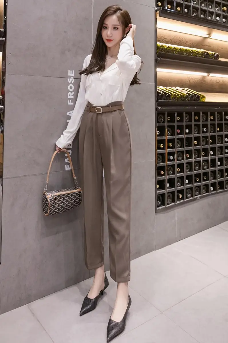 

Harajuku Winter Pants Women 2020 Autumn Fashion Suit Pants Women's Large Straight Loose Pants Sashes Harem Capri-Pants 656F