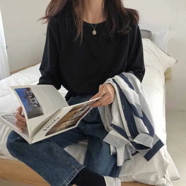 MaY 3352 hei Harajuku Vintage t shirt Ulzzang Girlfriends kawaii rainbow stripe t-Shirts autumn Women Casual Loose long Sleeve pink Top Femme - Цвет: MaY 3352 hei