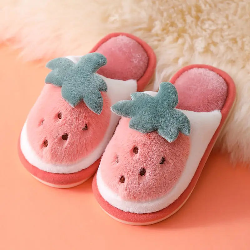 

Winter Strawberry Children's Cotton Slippers Cartoons Keep Warm and Prevent Household Parent-child Cotton Shoes Fluffy Slippers