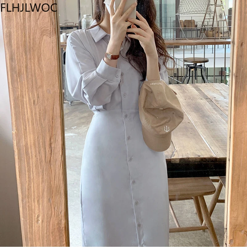 

2021 Chic Korea Fashion Clothes Fenimine Vestidos Women Elegant Office Lady Vintage Single Breasted Button Solid Shirt Dress