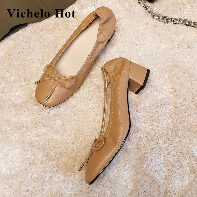 

Vichelo Hot high quality handmade shoes genuine leather square toe med heel butterfly-knot pleated young lady women pumps L31