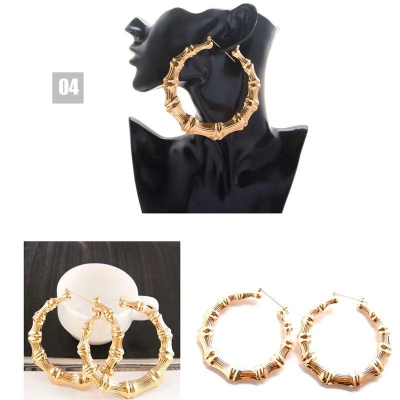 Женские массивные серьги кольца золотистые большие круглые из бамбука в стиле