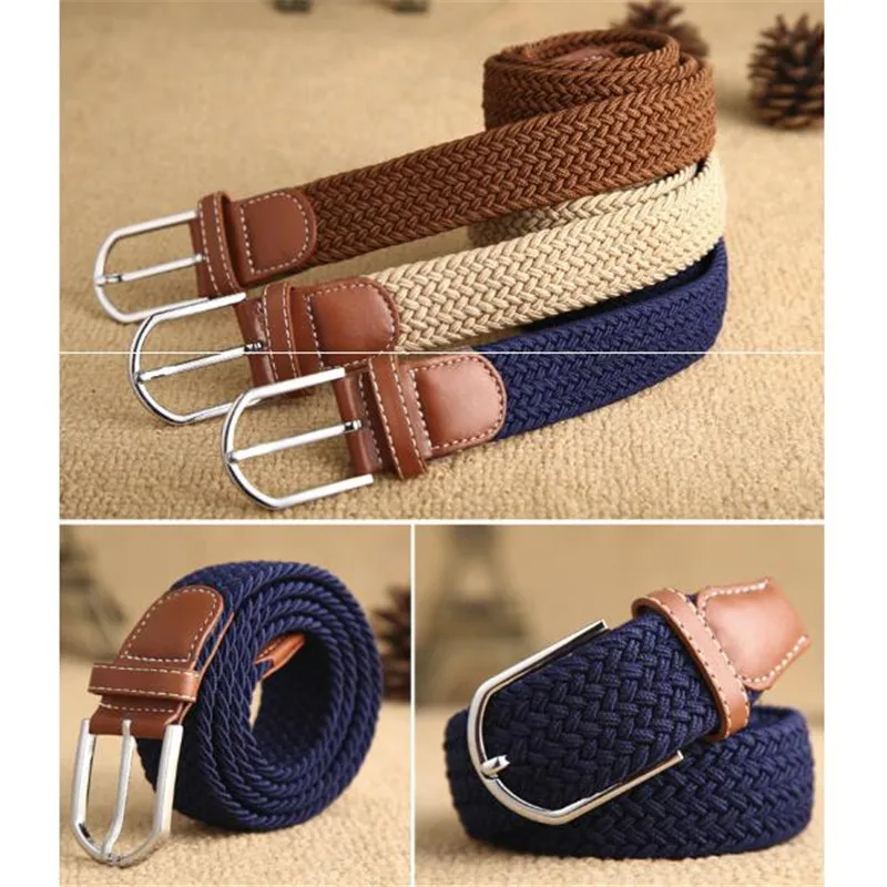 

Hot Colors Men Women Casual Knitted Pin Buckle Belt Woven Canvas Elastic Stretch Belts Plain Webbing 2021 Fashion 105-110cm