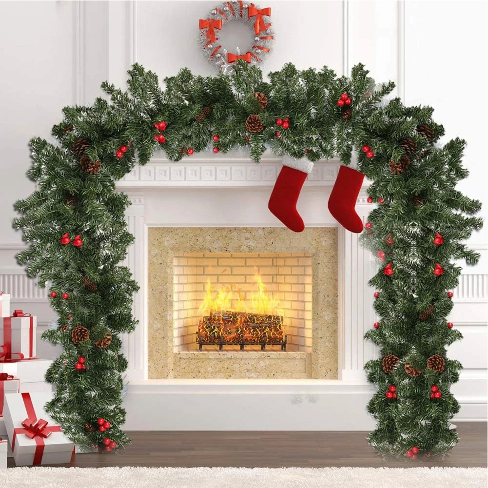 

2.7m Christmas Garland With Pine Cones Red Berry Decorations Xmas Tree Wedding Party Fireplaces Christmas Decorations For Home