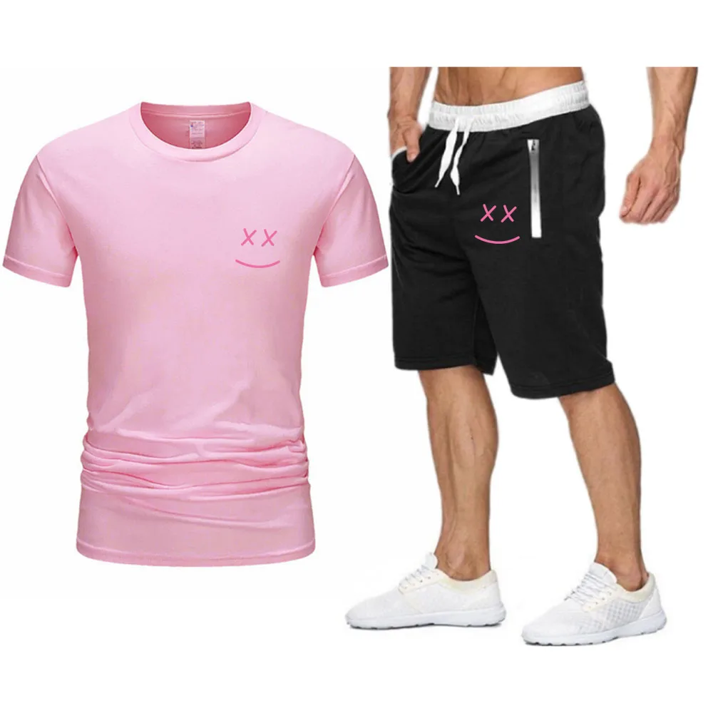 

Pink Smile Face Printing Brand Men T-shirt Beach Shorts Sets Casual Tops Harajuku 2021 Summer Pants Streetwear Men's Clothing