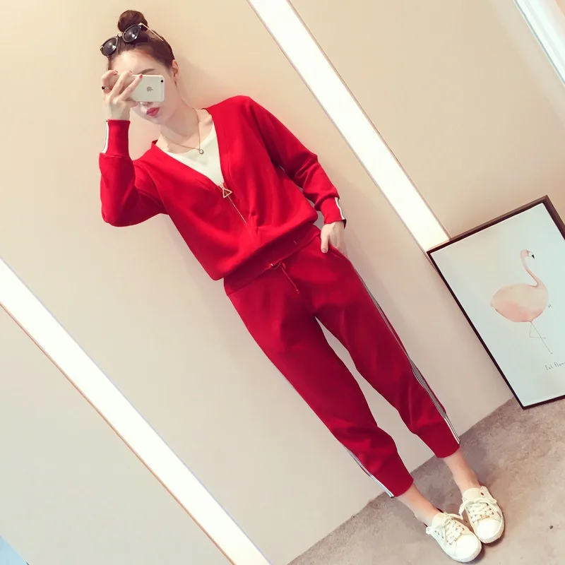 Осенне зимние женские модные брюки с длинным рукавом черный красный спортивный