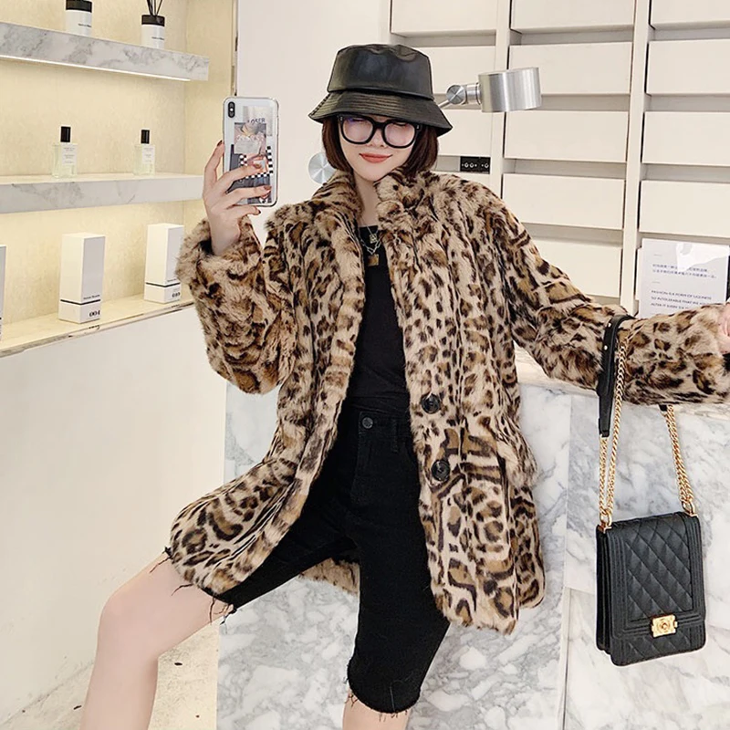 Womens tops and blouses real plus size 2020 winter coat Leopard print natural rabbit fur leather jacket women