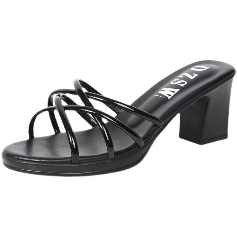 

Slippers Women Summer Square heel Female Shoes Slides Heeled Mules Big Size Block 2021 Flat High Pumps Fabric PU Bonded Leather