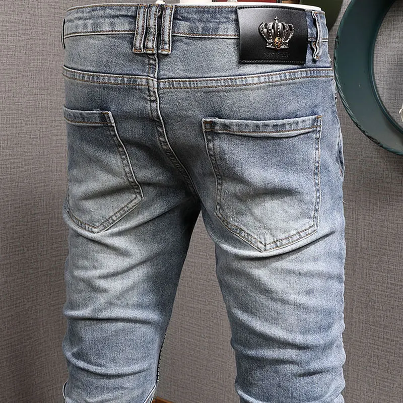 European American Street Fashion Men Jeans Elastic Destroyed Ripped Biker Jeans Men Slim Fit Designer Hip Hop Denim Punk Pants