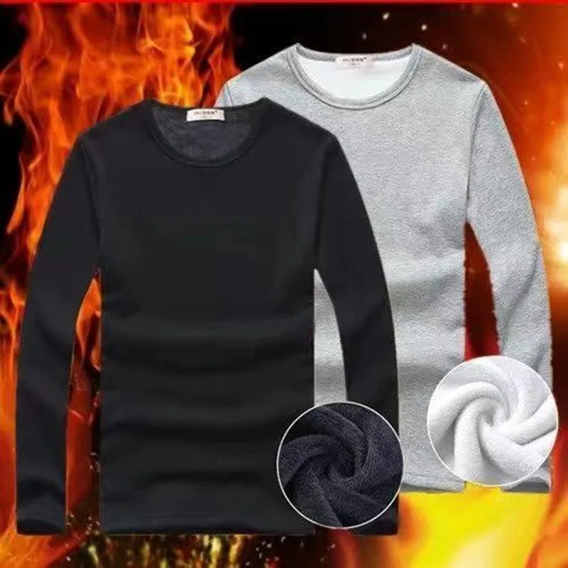 2PCS Spring Autumn Mens Warm Thermal Man Long Sleeve Casual V Neck Velvet Thick Plus Thick T-Shirt For 100kg