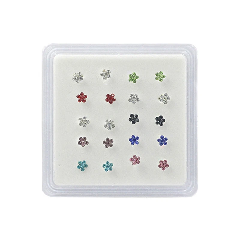 

20PCS/Box Women Body Piercing Jewelry Nose Piercing Flower Shape Mix Color White Crystal Nose Ring Nose Studs 2021 New