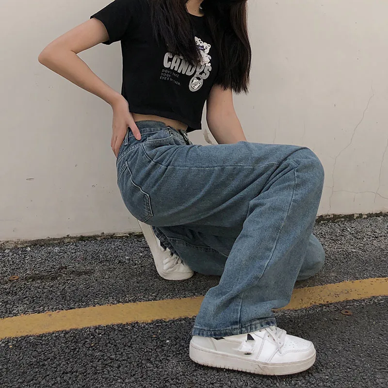 

SHENGPALAE Streetwear Fashion Jeans Women's Autumn 2021 New High Waist Solid Color Loose Straight Denim Pants Female Tide 5E3011