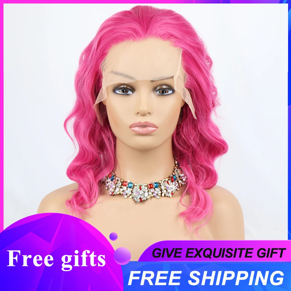 Lolita Cosplay Wigs Natural Long Hair Red Color Body Wave Synthetic Lace Front Wig Hot Pink Color Lace Frontal Wigs for Women