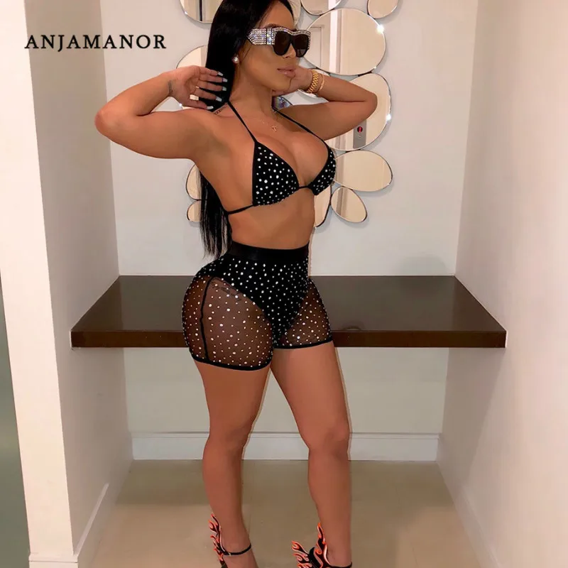 ANJAMANOR Sequin Mesh Black Sexy Two Peice Set Crop Top Shorts Summer Club Outfits for Women Clothes 2021 Matching Sets D41-CE15