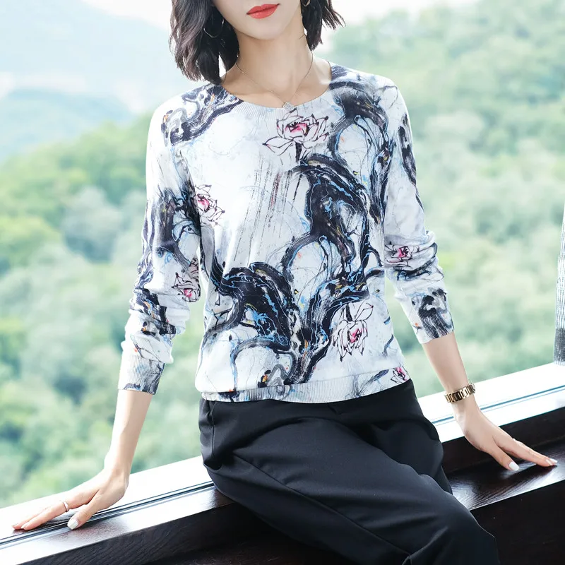 

2020 New Women Printed sweater Long Sleeve O Neck Knitted pullover Fashion Loose Tops Women Clothes Jumper Flower print sweater