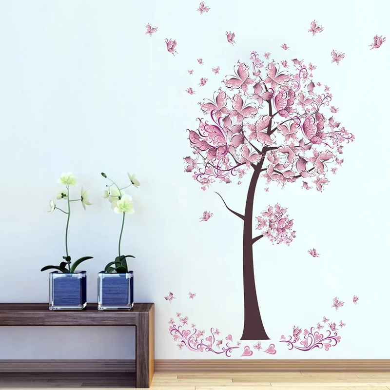 Настенные виниловые наклейки с розовыми бабочками цветами и деревьями | Дом сад