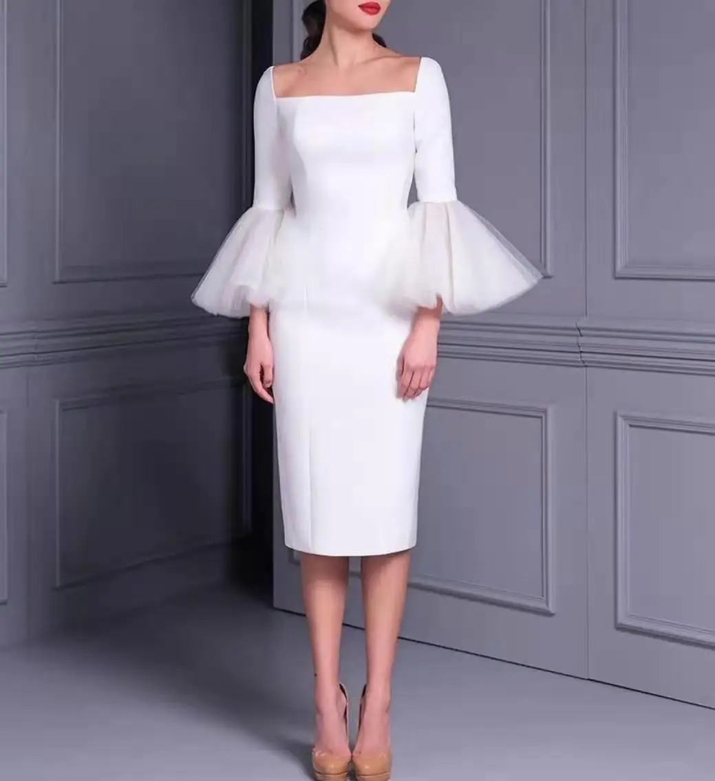 

Элегантное Атласное Короткое атласное свадебное платье с квадратным вырезом и длинным рукавом, ТРАПЕЦИЕВИДНОЕ белое платье на молнии, Пышные свадебные платья для женщин