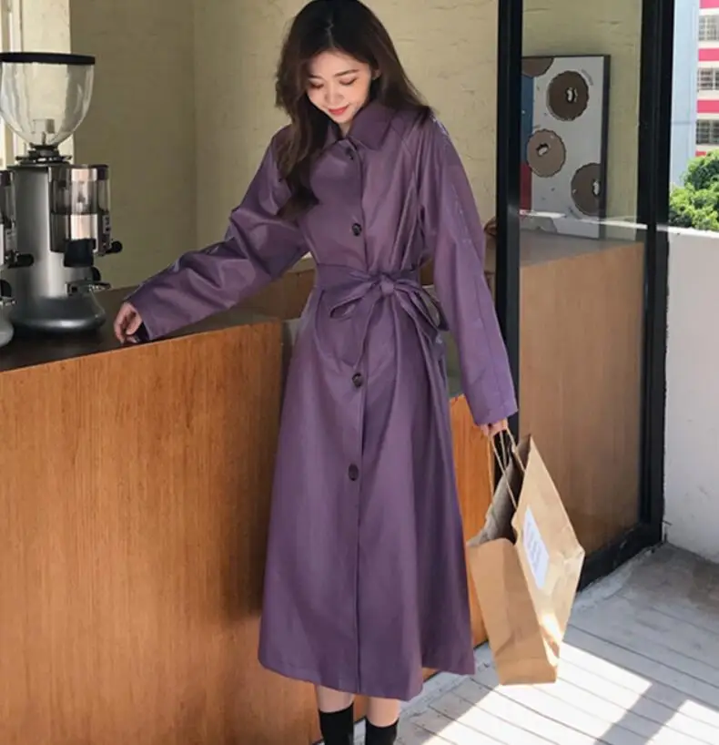 Женский однобортный Тренч из искусственной кожи Длинная ветровка фиолетового