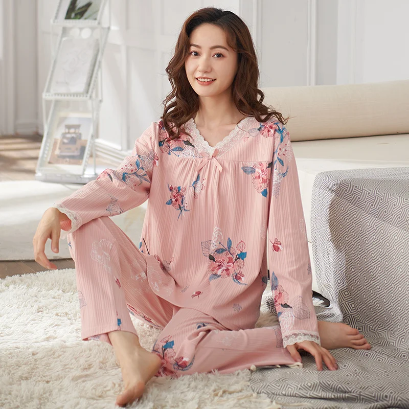 New Autumn Knitted Cotton Women Pajamas Set Floral Sleepwear Long Sleeve Casual Soft Loose 3XL Female Homewear Clothes