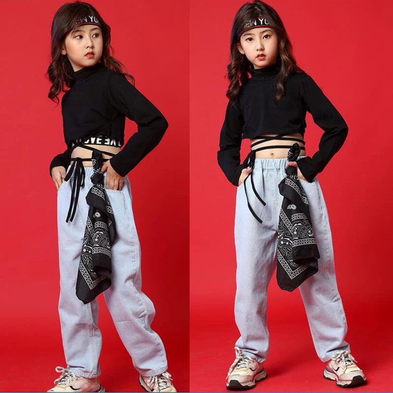 Детская одежда для выступлений в стиле хип хоп черная укороченная толстовка