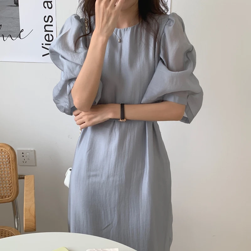 

Summer New Fashion French Vestidos Women's Round Neck Pleated Puff Sleeves Lace-up Waist Split Midi Dress DK670