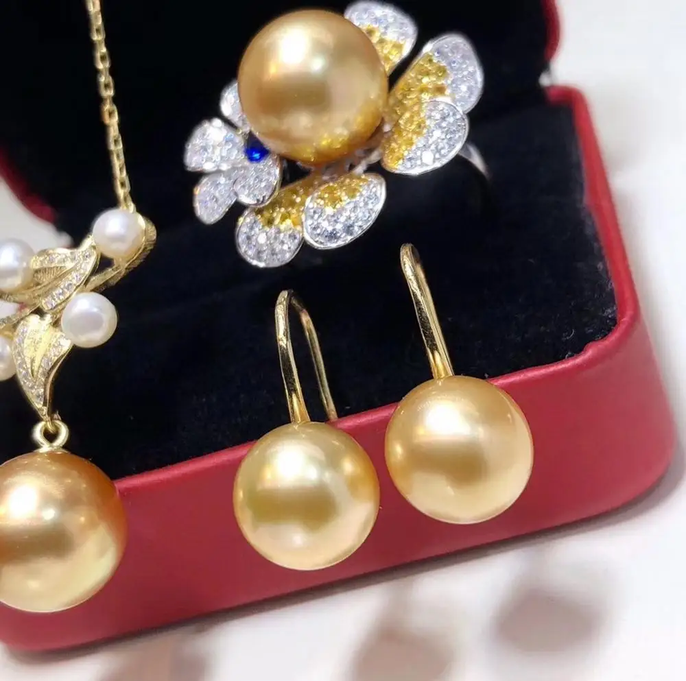 D304 Pearl Sets 925 Sterling Silver 9-12mm Natural Fresh Water Golden Pearls Female's Jewelry for Women FIne | Украшения и