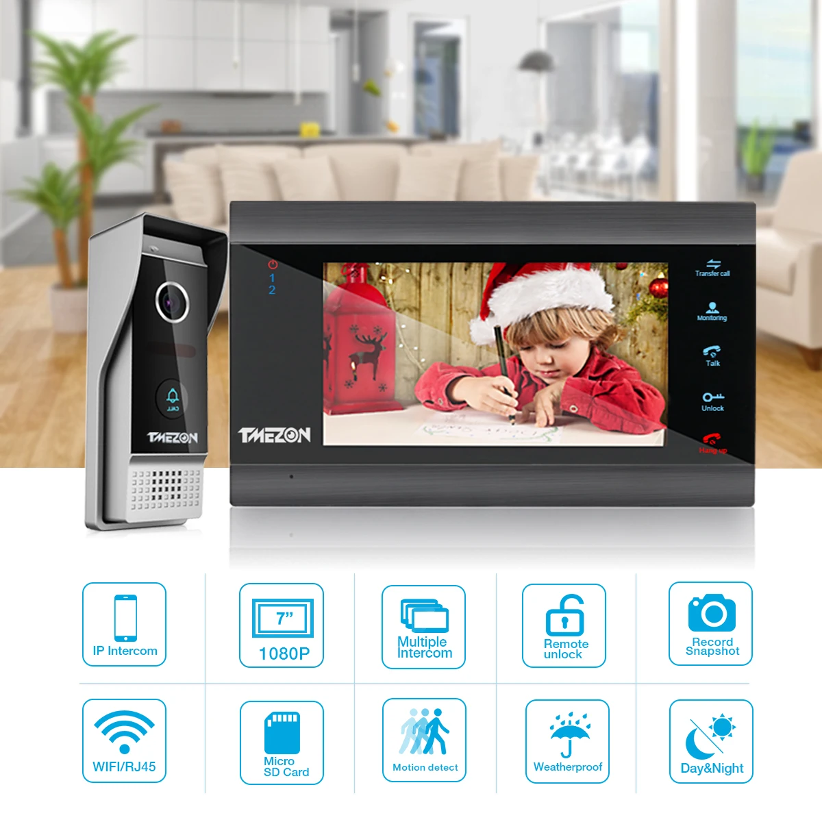 TMEZON Tuya App Home Intercom System Wireless WiFi Smart IP Video Doorbell 1080P 7 Inch with 1x1080P Wired Doorbell enlarge