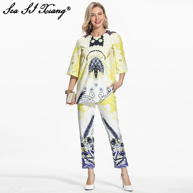 

Seasixiang Fashion Designer Summer Suit Women O-Neck Crystal Diamonds Loose Long Tops + Pencil Pants Print Two Piece Set
