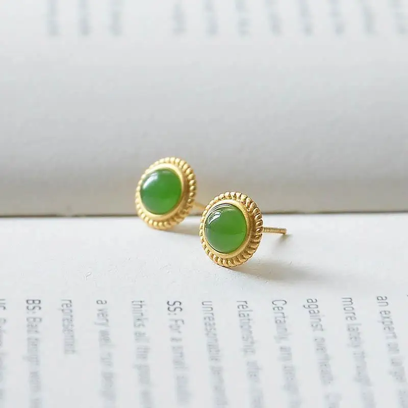 

Xiangyang Natural Hetian Jade Green Jade round Studs Women's S925 Sterling Silver Gilding Earrings Simple and Popular Earrings