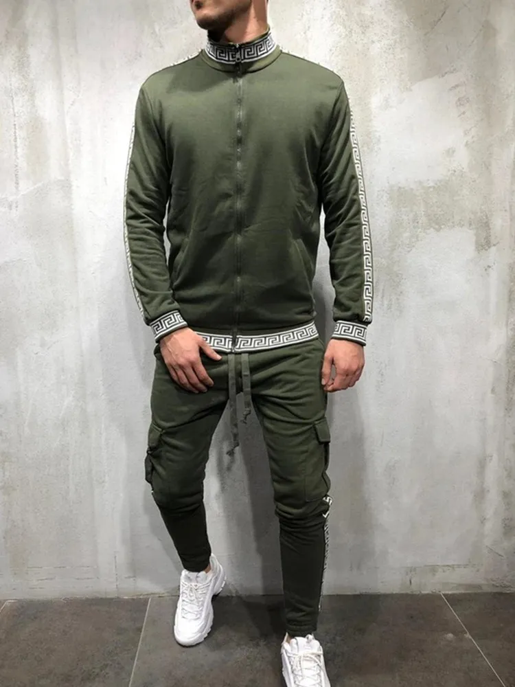 Army green Мужской спортивный костюм на молнии, спортивный костюм из 2 предметов, мужская одежда с принтом, толстовки с капюшоном, куртка, штаны, спортивные костюмы для мужчин - Цвет: Army green