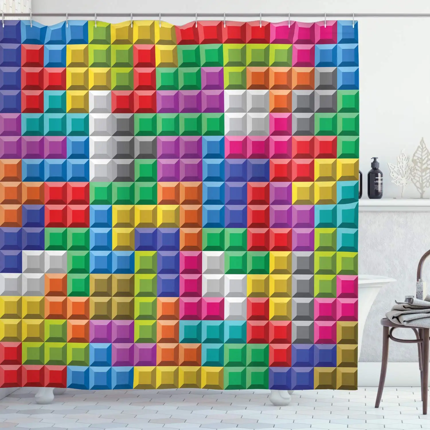 

Video Games Shower Curtain, Colorful Retro Gaming Computer Brick Blocks Image Puzzle Digital 90's Play, Cloth Fabric Bathroom