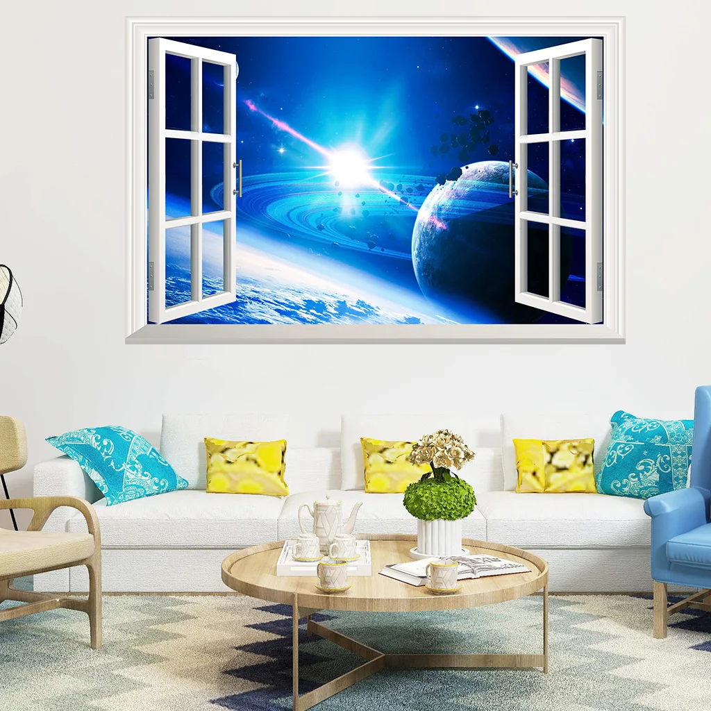 

New wall sticker 3D broken wall false window landscape planet living room bedroom children's room decorative painting