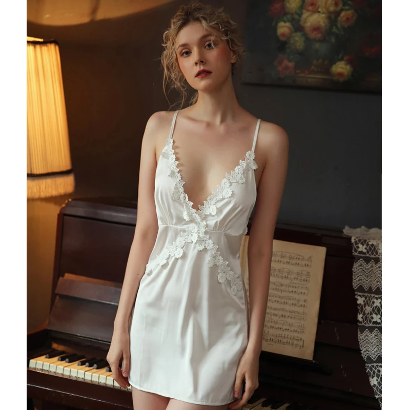 Новая Летняя Сексуальная кружевная ночная сорочка на бретельках с вышивкой и