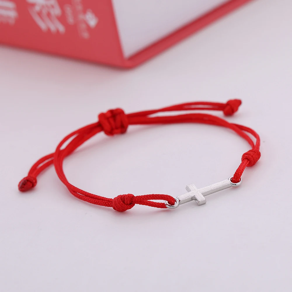 Красный браслет ручной работы на шнуровке Крест Бог благословит плетеный из