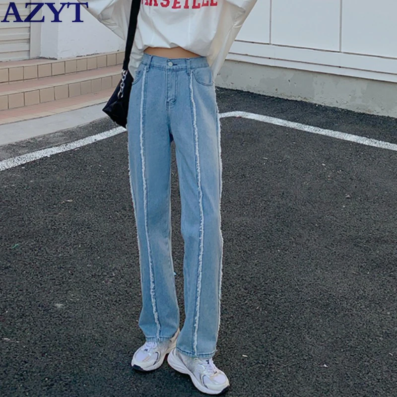 

Женские джинсовые брюки в стиле пэчворк AZYT, свободные прямые джинсы с высокой талией в Корейском стиле, повседневные брюки для женщин, весна...