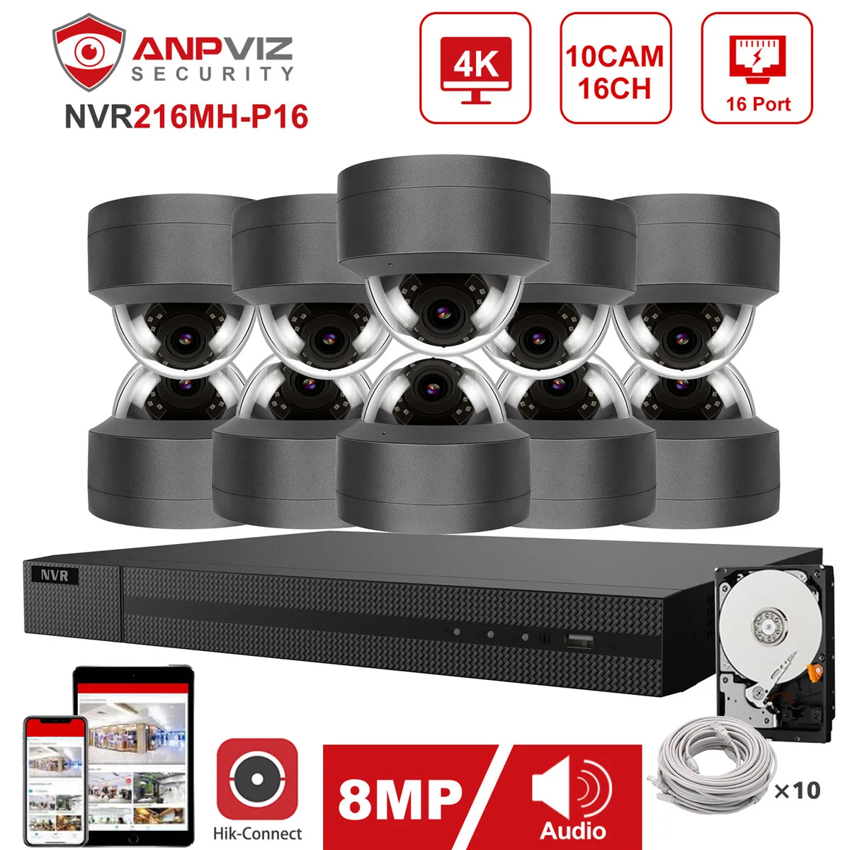 Камера видеонаблюдения Hikvision OEM 16 каналов 4K NVR Anpviz 10 шт. 8 Мп POE IP