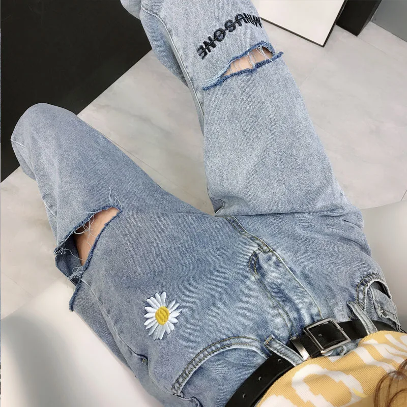 

Vintage ladies boyfriend jeans for women mom high waisted jeans blue casual flower embroidery trousers streetwear denim pants